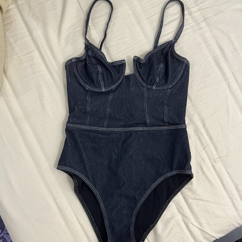 Solid and Striped Denim One Piece Bathing Suite - Picture 2 of 3